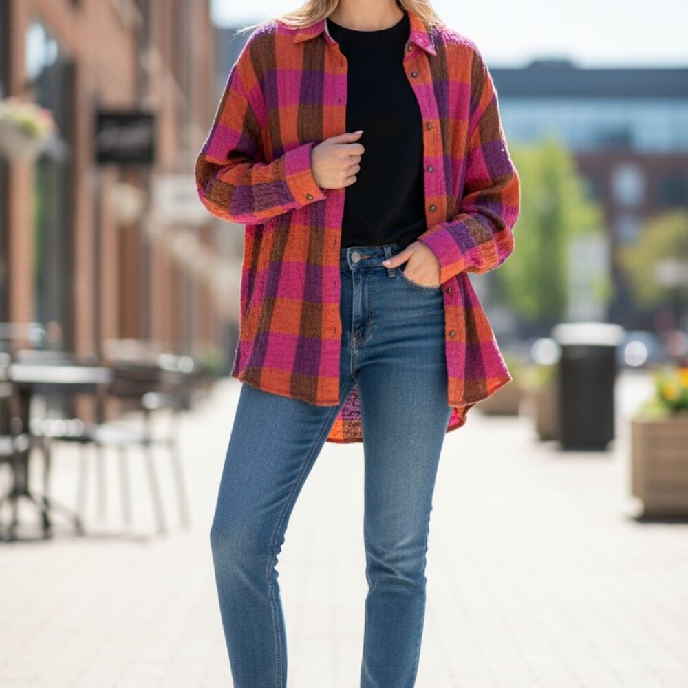 Jane & Delancey Plaid Tunic Top L Large Pink Orange Checkered Boho Fall Soft